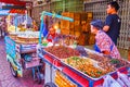 The street cart with fried and grilled extreme snacks, Chinatown in Bangkok, Thailand Royalty Free Stock Photo