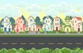 Street. Cartoon houses with a road. Asphalt. Village or town. Seamless. A beautiful, cozy country house in a traditional