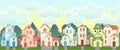 Street. Cartoon houses with sky. Village or town. Seamless. A beautiful, cozy country house in a traditional European Royalty Free Stock Photo