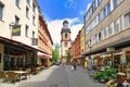 Street and catholic votive church called ` MariÃÂ¤ Heimsuchung` in old historic city center of Aschaffenburg, Germany