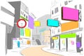 Street center city view draw sketch shops colorful Royalty Free Stock Photo