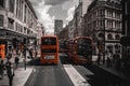 A street in central London. Red double-decker buses between historic buildings.