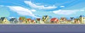 Street in a cheerful cartoon flat style. Asphalt wide road. A village or a small rural town. Small houses. Ski and Royalty Free Stock Photo