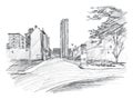 Street in Chemnitz Karl-Marx-Stadt. Hand-drawn sketch. Linear