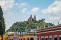 Street of Cholula and Church of Our Lady of Remedies at the top of Cholula pyramid - Cholula, Puebla, Mexico Royalty Free Stock Photo