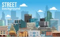 Street city background horizontal banner vector illustration. Modern town skyline. Architectural building in panoramic