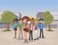 Street of a city with cartoon young people. Royalty Free Stock Photo