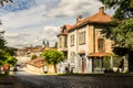 Street of the city of Lviv with old houses. Stone road in the old town. Urban retro landscape Royalty Free Stock Photo