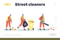 Street cleaners concept of landing page with team of janitor cleaning street and gathering garbage