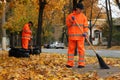 Street cleaners sweeping fallen leaves outdoors on autumn day