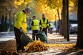 Street Cleaners Sweeping Fallen Leaves Outdoors on Autumn Day, Generative AI Illustration Royalty Free Stock Photo