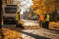 Street Cleaners Sweeping Fallen Leaves Outdoors on Autumn Day, Generative AI Illustration