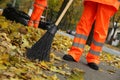 Street cleaners sweeping fallen leaves outdoors on autumn day, closeup Royalty Free Stock Photo