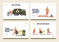 Street cleaners, waste collectors and janitors workers set of landing pages templates