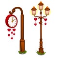 Street clock and lantern with hearts. Vector Royalty Free Stock Photo