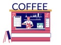 Street coffee shop with barista making coffee, vector illustration. Street cafe small business. Royalty Free Stock Photo