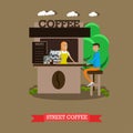 Street coffee shop concept vector banner. Takeaway kiosk in flat style. Design elements and icons. Royalty Free Stock Photo
