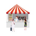 Street coffee shop market talls, cafe canopy and beverages. Barista seller and Buyers. Vector, Illustration, Isolated Royalty Free Stock Photo