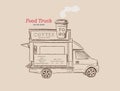 Street coffee van. food truck hand draw design vector illustration