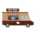 Street coffee van icon design. Espresso cafe breakfast coffee break food truck delivery master. Fast delivery. Flat cartoon style