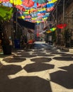 Street with colored umbrellas in the center of Istanbul in the Karakoy district