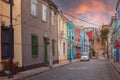 Street with colorful facades of old historic buildings in Valparaiso, Chile Royalty Free Stock Photo