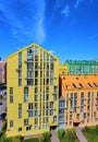 Street with colorful houses and beautiful eterior design in Kyiv, Ukraine. Aerial. Comfort town