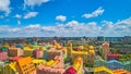 Street with colorful houses and beautiful eterior design in Kyiv, Ukraine. Aerial. Comfort town