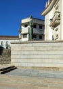 Street corner with \'Justice\', allegoric statue at the District Courthouse, Castelo Branco, Portugal