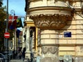 street corner urban scene in Zagreb with richly decorated stucco finish