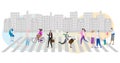 Street crowd vector illustration. Businessman, family, woman with dog and elder people walking or hurry running in urban city.