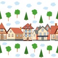 Street with cute houses seamless pattern. Village or city, neat cozy home