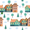 Street with cute houses seamless pattern. Village or city, neat cozy home