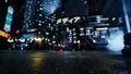 Street in Cybercity, road closeup, people on the blurred background, 3d render