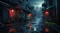 Street in cyberpunk city in rain, dark gloomy alley with garbage