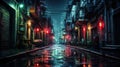 Street in cyberpunk city in rain, dark gloomy alley with low light Royalty Free Stock Photo