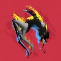 Creative artwork with stylish contemp dancer, beautiful woman dancing isolated on red background with colorful glitch