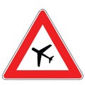 Street DANGER Sign. Road Information Symbol. Approach to a place where the route may be overflown at low altitude by planes.