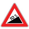 Street DANGER Sign. Road Information Symbol. Indication of steep slope rise as a percentagem.