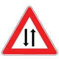 Street DANGER Sign. Road in which the traffic takes place in only one direction starts to serve traffic in both directions.