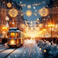 street decorated for Christmas with Christmas trees and garlands. A city tram rides down the street. a lot of light. Pre-Christmas Royalty Free Stock Photo