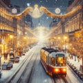 street decorated for Christmas with Christmas trees and garlands. A city tram rides down the street. a lot of light. Pre-Christmas Royalty Free Stock Photo