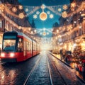 street decorated for Christmas with Christmas trees and garlands. A city tram rides down the street. a lot of light. Pre-Christmas Royalty Free Stock Photo