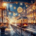 street decorated for Christmas with Christmas trees and garlands. A city tram rides down the street. a lot of light. Pre-Christmas Royalty Free Stock Photo