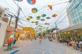 Street decorated with colored frevo umbrellas in Porto de Galinhas downtown Royalty Free Stock Photo