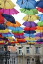 Street decorated with colored umbrellas