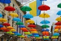 Street decorated with colored umbrellas. Royalty Free Stock Photo