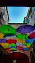 Street decorated with colored umbrellas.Split, Croatia Royalty Free Stock Photo