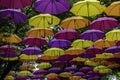 Street decorated with colorful umbrellas, located at Alameda Mauricio de Nassau, in Holambra SP.