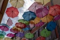 Street decorated colorful umbrellas outdoor background